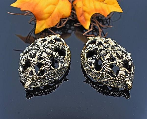 Fibel Set für nordische Wikinger Tracht, Schildkrötfibel Set aus Bronze, Ovalfibeln aus Uppsala, Wikinger Schmuck Replika - 1 Paar