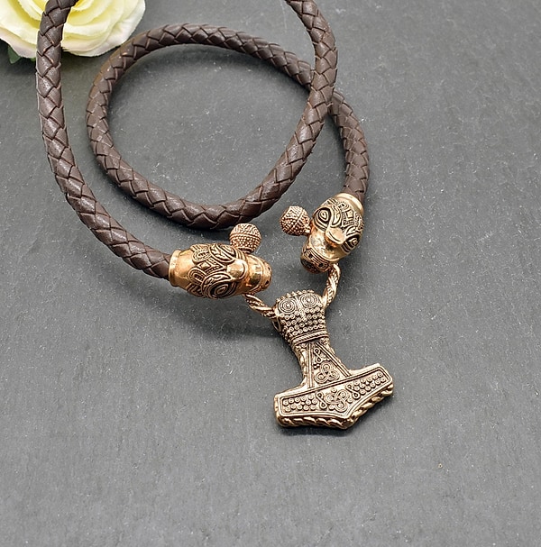 Bronze Thorshammer Kette mit Drachenkopf Lederkette - Wikinger Schmuck - Hochwertige Mjölnir Halskette
