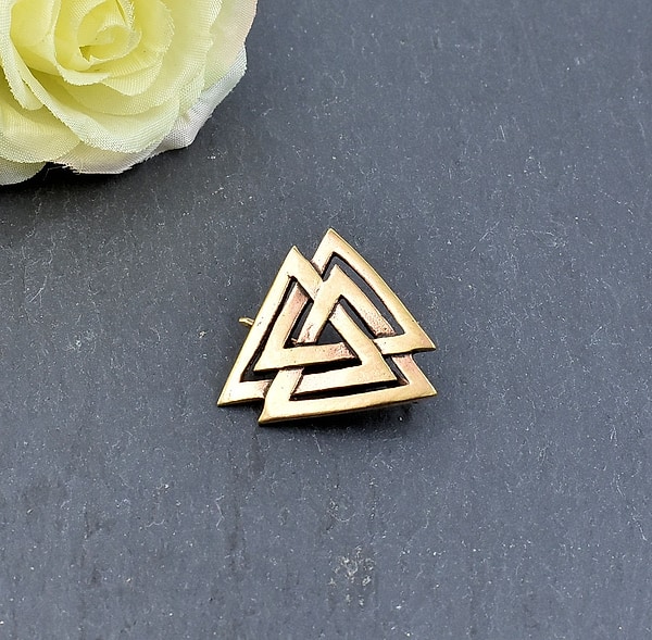 Bronze Valknut Brosche - Wikinger Schmuck für historisches Reenactment - Mittelalterliche Anstecknadel - Odins Schmuckbrosche für Männer