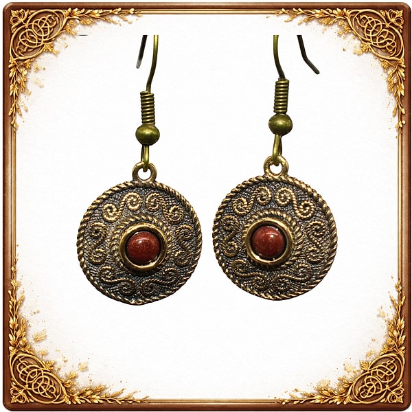 Mittelalterliche Ohrringe aus Bronze mit Malachit oder Jaspis - Größe ca. 1,5 cm - Zeitloser Ohrschmuck im keltischen Design