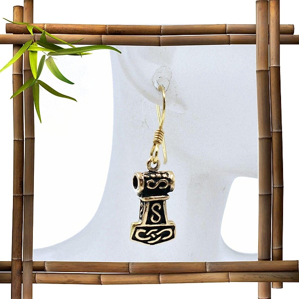 Kleine Mjölnir Ohrringe aus Bronze - Ohrhänger mit Thorshammer - Mittelalterlicher Ohrschmuck - 1 Paar