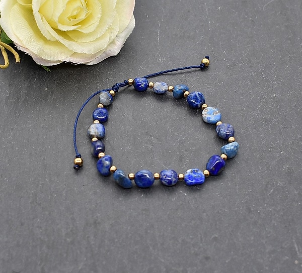 Lapis lazuli bracelet with brass beads | Handcrafted gemstone bracelet | Blue beaded bracelet | Adjustable bracelet
