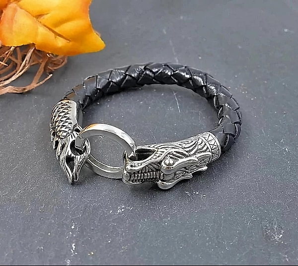 Lederarmband mit Drachenkopf und Schwanz - Drachen Armband Edelstahl