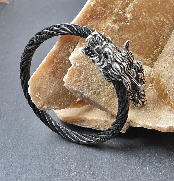 Wikinger Edelstahlarmreif mit Wölfen - Armband Gerri und Freki - Fenris Armreif - Nordischer Schmuck